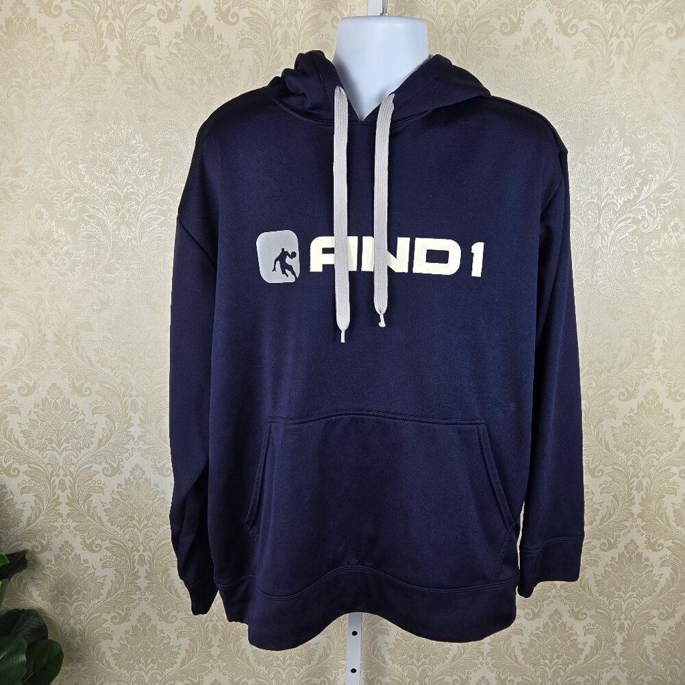 AND1 Size XL Navy Blue Hoodie White Graphic Drawstring Hood Kangaroo Pocket